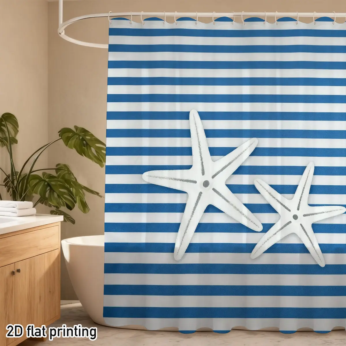 

Nautical Shower Curtain – Blue & White Stripes, 2 Starfish, Polyester, 71"x71", 12 Hooks, Grommet Top, Hand Wash Only