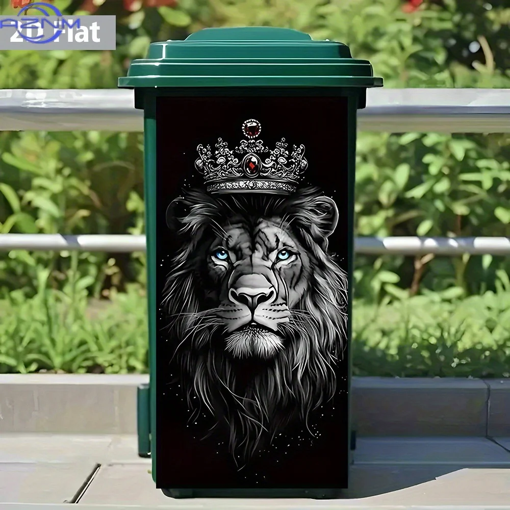 2D Flat Lion with Crown PVC Trash Can Sticker, Waterproof & Removable, Ideal for Majestic Fantasy Decor, Usable for Bin Art/Ho