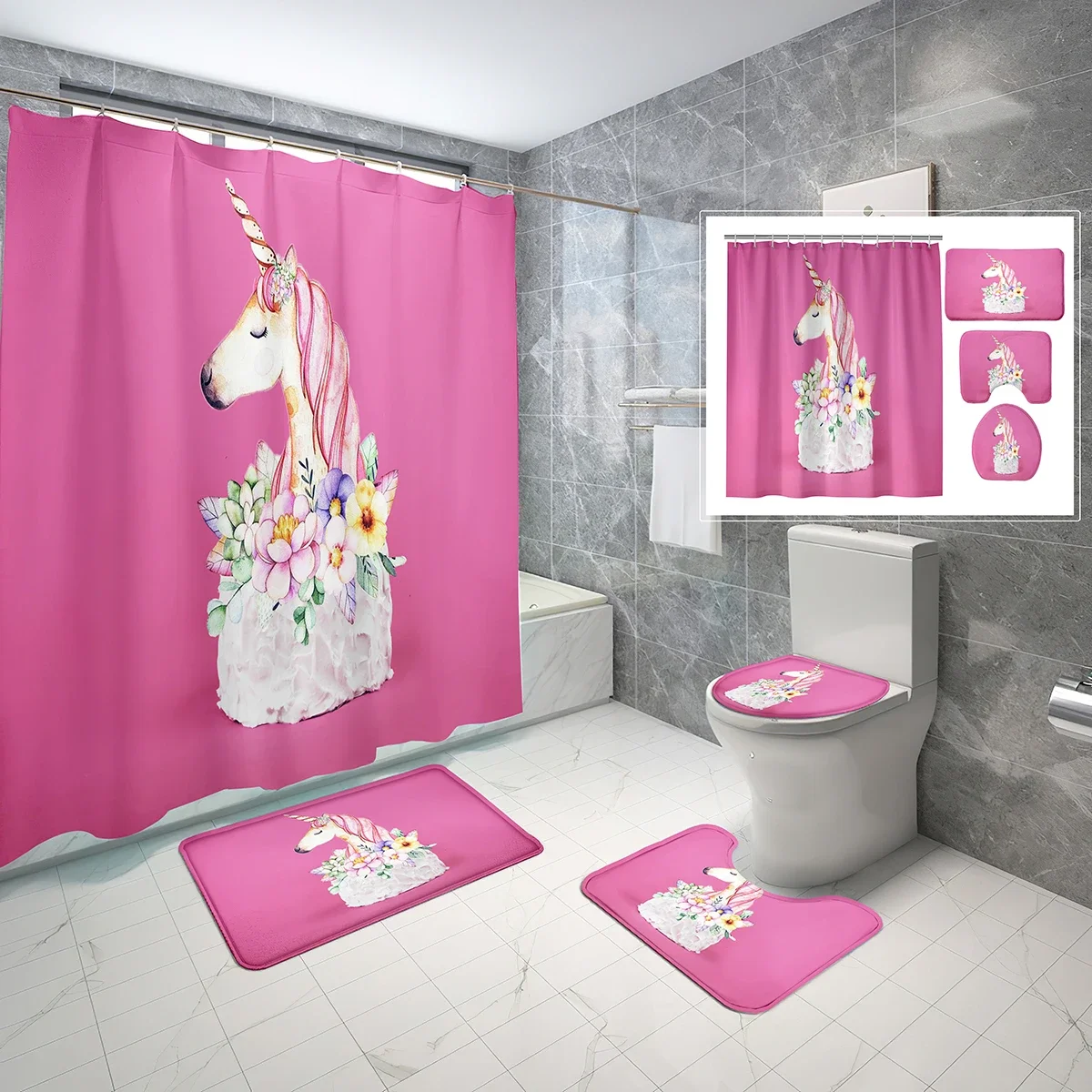 4 Pcs Unicorn Shower Curtain Sets with Toilet Lid Cover and Non-slip Bath Mat Noble Pure Creature Waterproof Shower Curtain Set