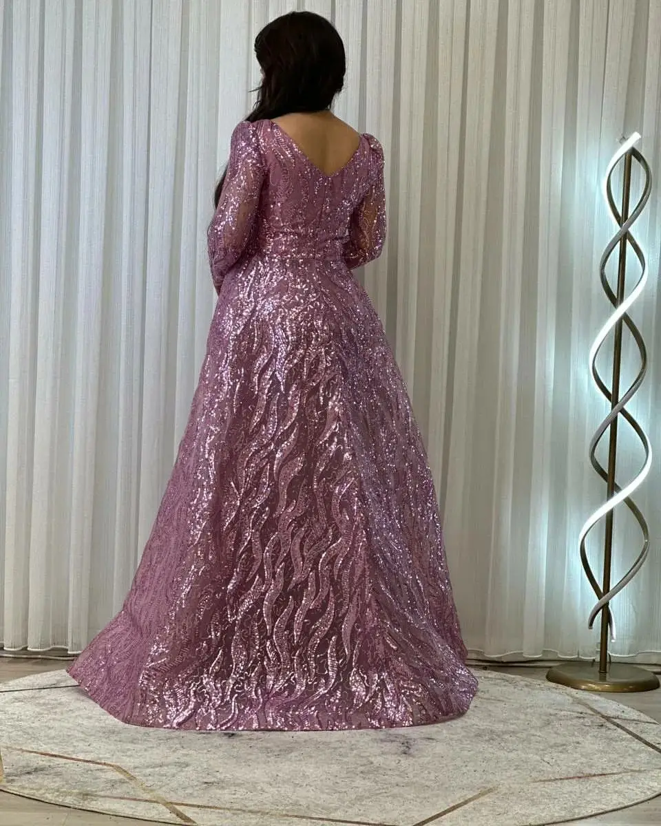 

Happy Custom Elegant Purple Women's Prom Dress With O-Neck Long Sleeve Wavy Pattern Sequin Vestidos De Festa Party Evening Dress