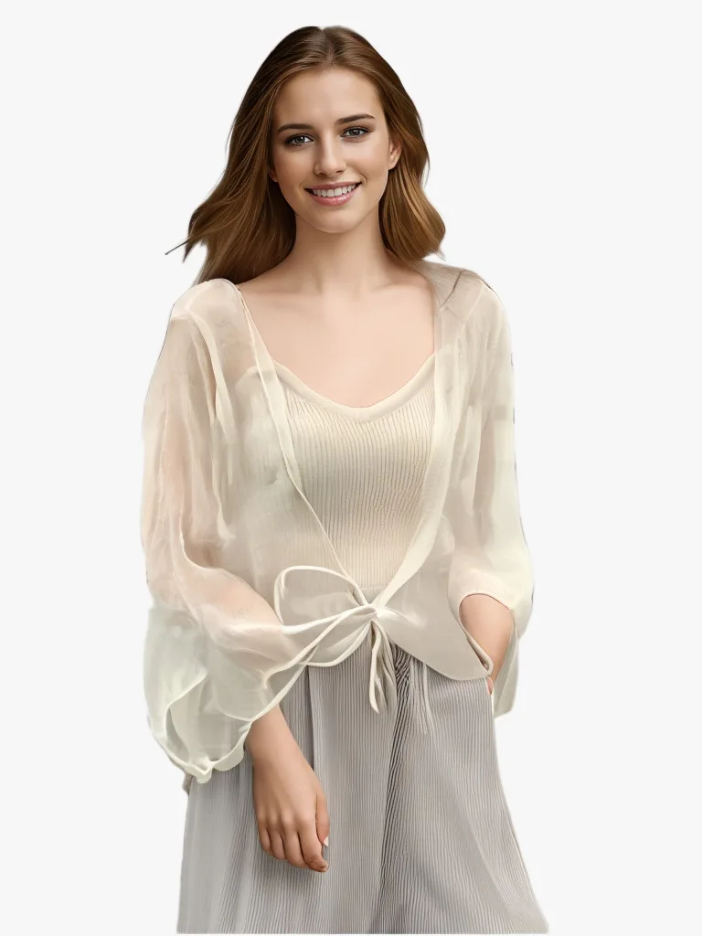 JANZHISAN Women Summer Chiffon Cardigan Ladies Beach Sheer Chiffon Cover Up Kimono Tied Front Cool Tops Solid Color Basic