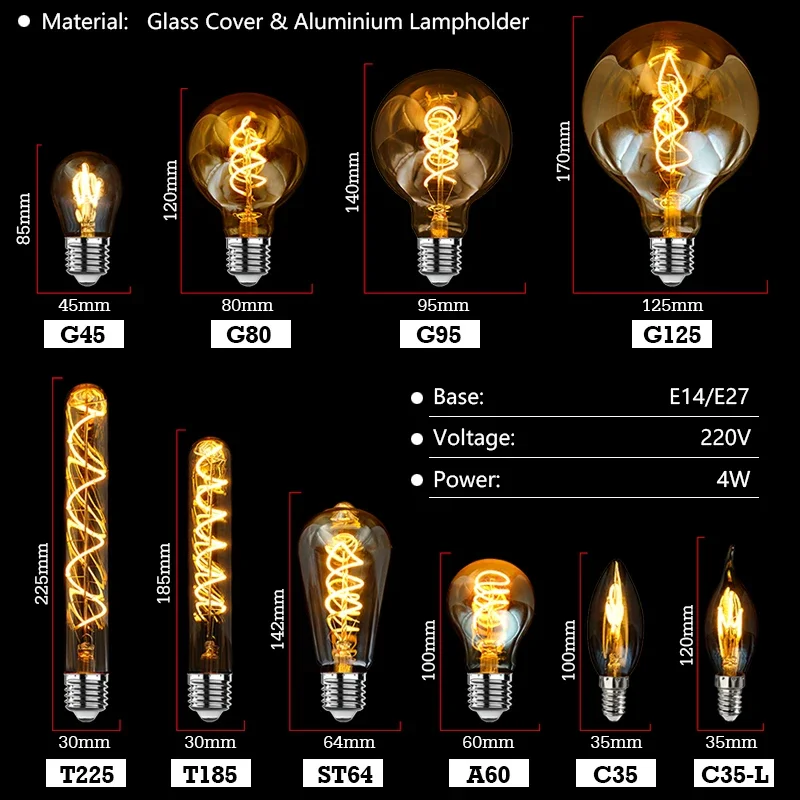 LED Bulb E14 E27 AC220V 230V Dimmable Vintage LED Filament Light Bulb 4W Retro Incandescent Decoration Led Lighting Lamp Ampoule