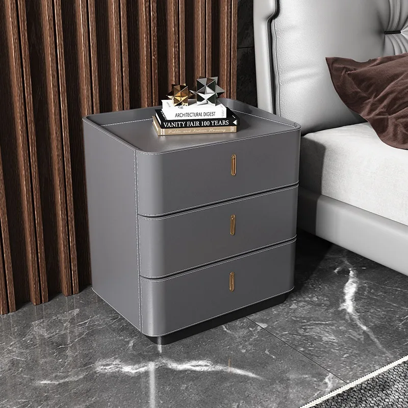 Italian minimalist saddle leather three-bucket cabinet high 60cm solid wood small light luxury bedside table modern simplicity a