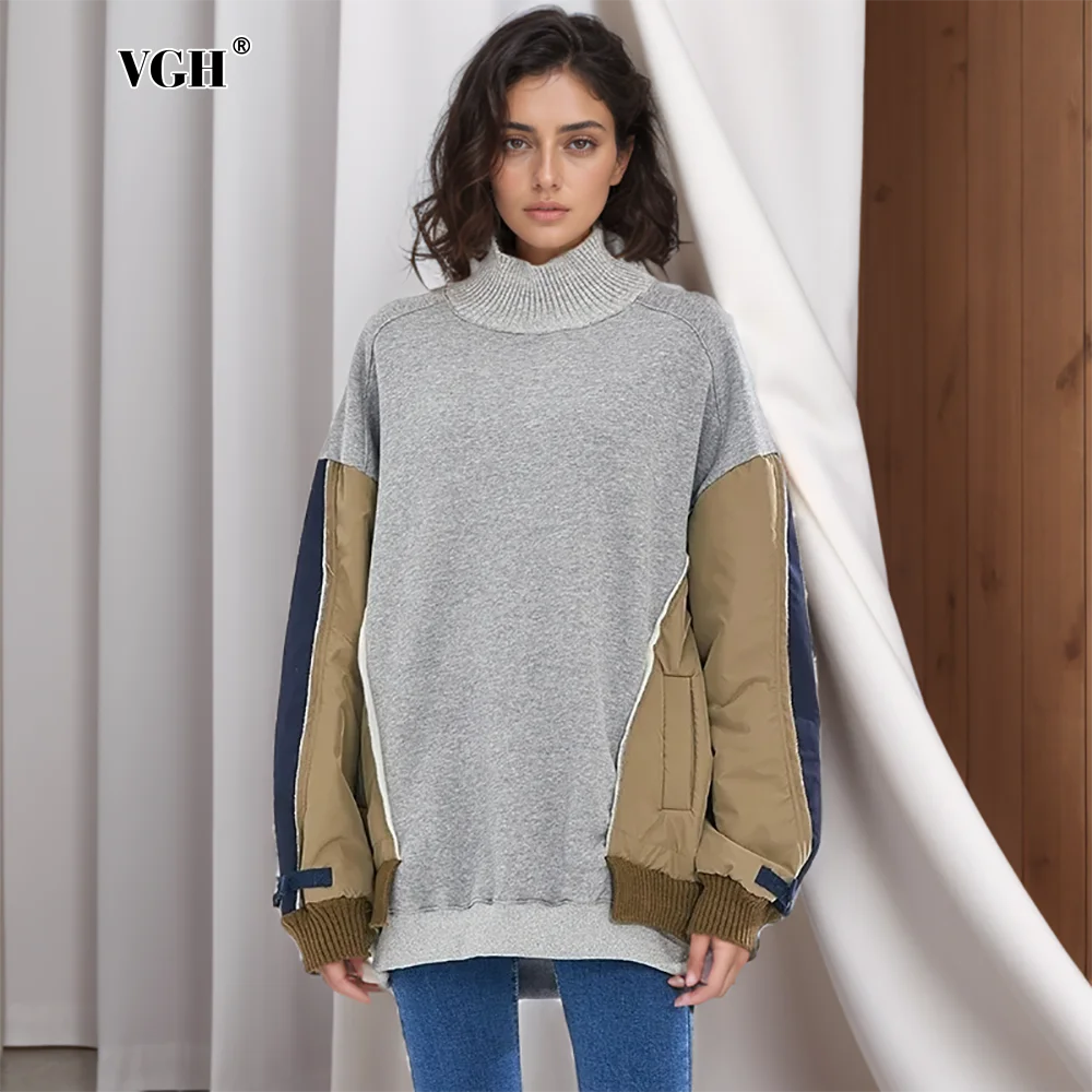 

VGH Casual Hit Color Sweatshirt For Women Stand Collar Long Sleeve Minimalist Loose Pullover Sweatshirt Female Fashion Clothing