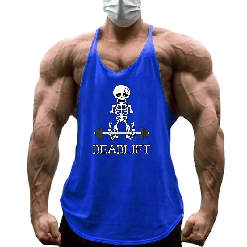 Human Skeleton Deadlift Barbell Gym Vests Mens Fitness Bodybuilding Muscle Sleeveless Shirts Breathable Cotton Y-back Tank Tops