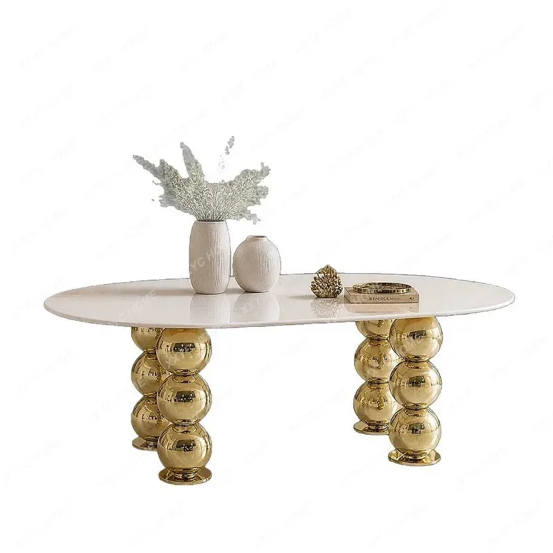 XXLuxury Oval Marble Dining Table for Villa Sample Room Gold Stainless Steel Base Home Furniture