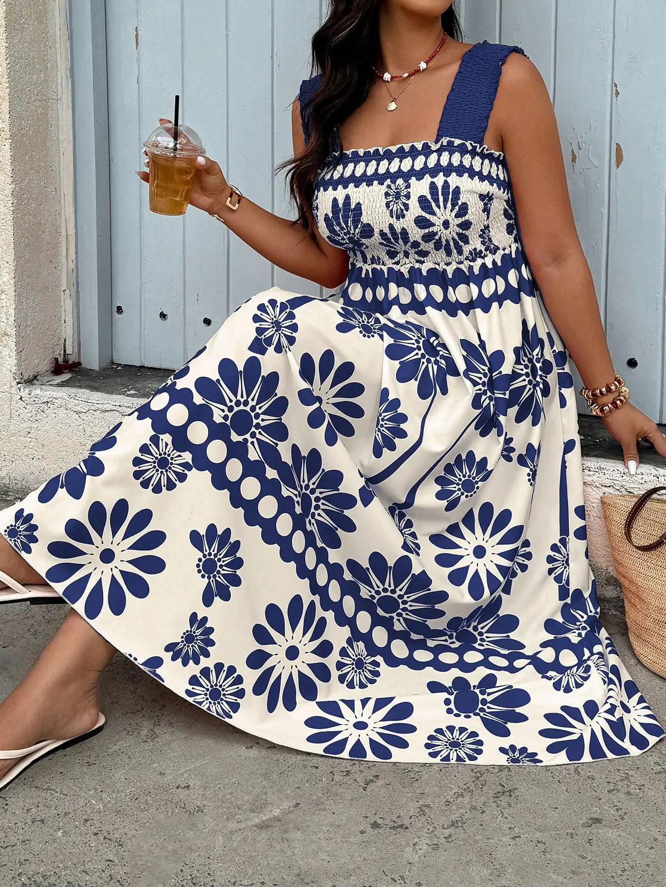 

Boho Floral Print Smocked Sleeveless Maxi Dress For Summer Vacation