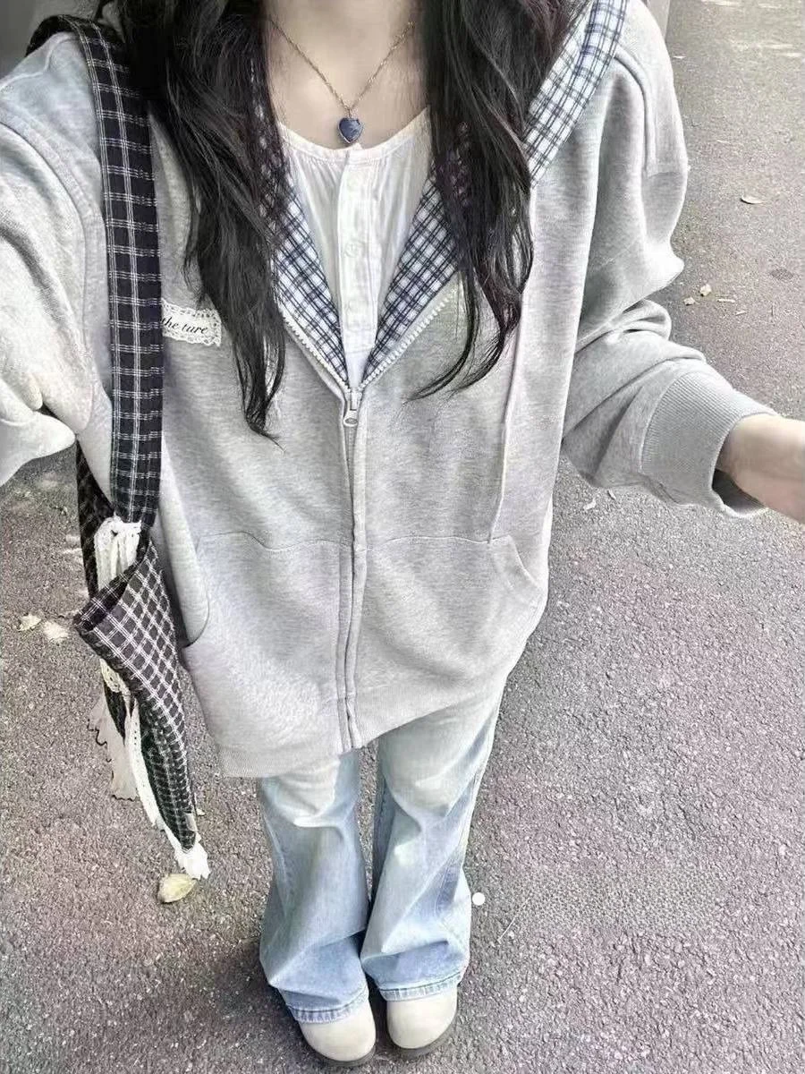 

Spring New Arrival Women's Oversize Hooded Plaid Patchwork Zipper Cardigan Sweatirt Loose Lazy Sle Outerwear Coat