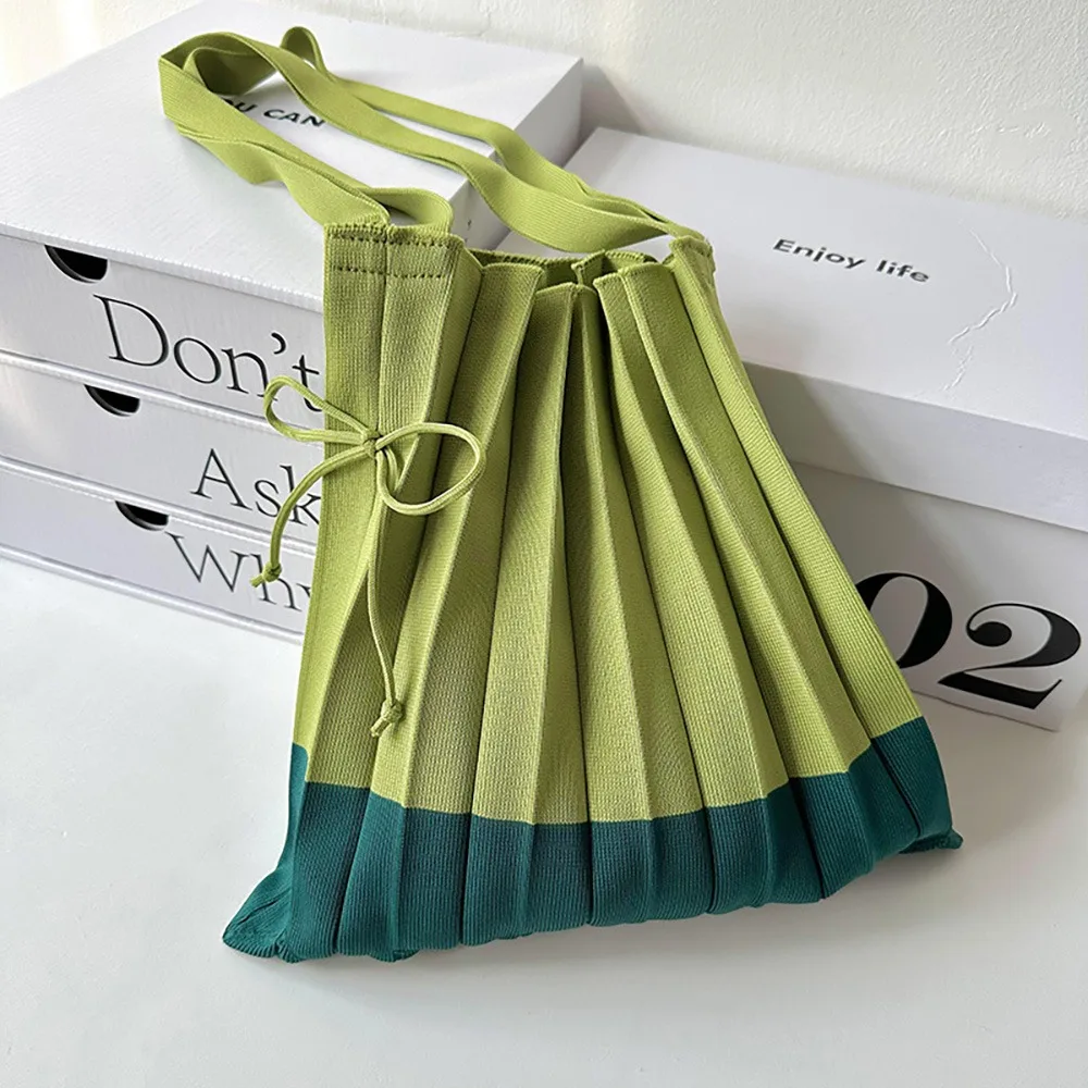 Handbag Knit Folding Shopping Bag Shoulder Pouch Large Capacity Foldable Eco Bag Eco-Friendly Contrast Color Pleated Bag Outdoor