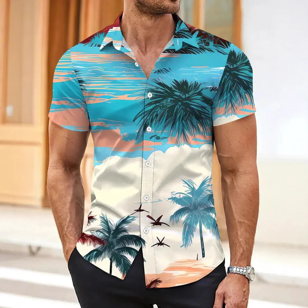 Sunset Coconut Tree Island Scenery Short Sleeve Shirt Summer Sanya Vacation Men's Beach Top