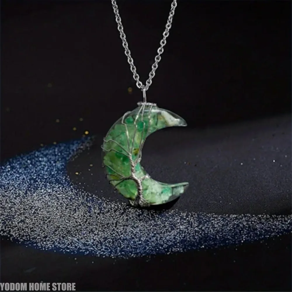 Tree of Life Wrapped Moon Pendant Necklace Healing Resin Imitation Quartz Jewelry Gift