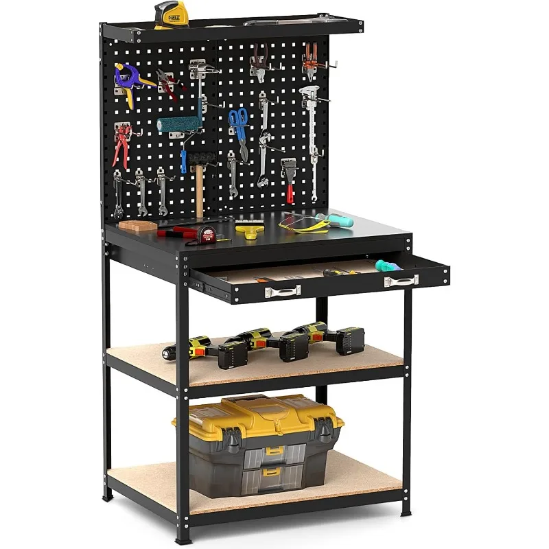 

Goplus 32" x 16" Workbench, 495 LBS Heavy-Duty Work Table w/ 2 PCs Pegboard, Drawer & Shelves, 20 Hanging Hooks, Metal Tool
