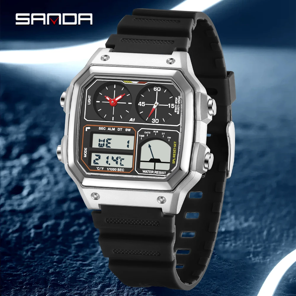 SANDA New 6257 Student Watch TEMU Multi functional Temperature Measuring Watch Square Fashion Sports Square 2025