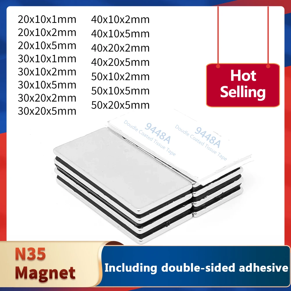 2/5/10/15/20/50PCS 40x20x2mm Block Strong Powerful Magnets With 3M Self - Adhesive 40*20*2 Long Neodymium Magnet Sheet 20x10x2