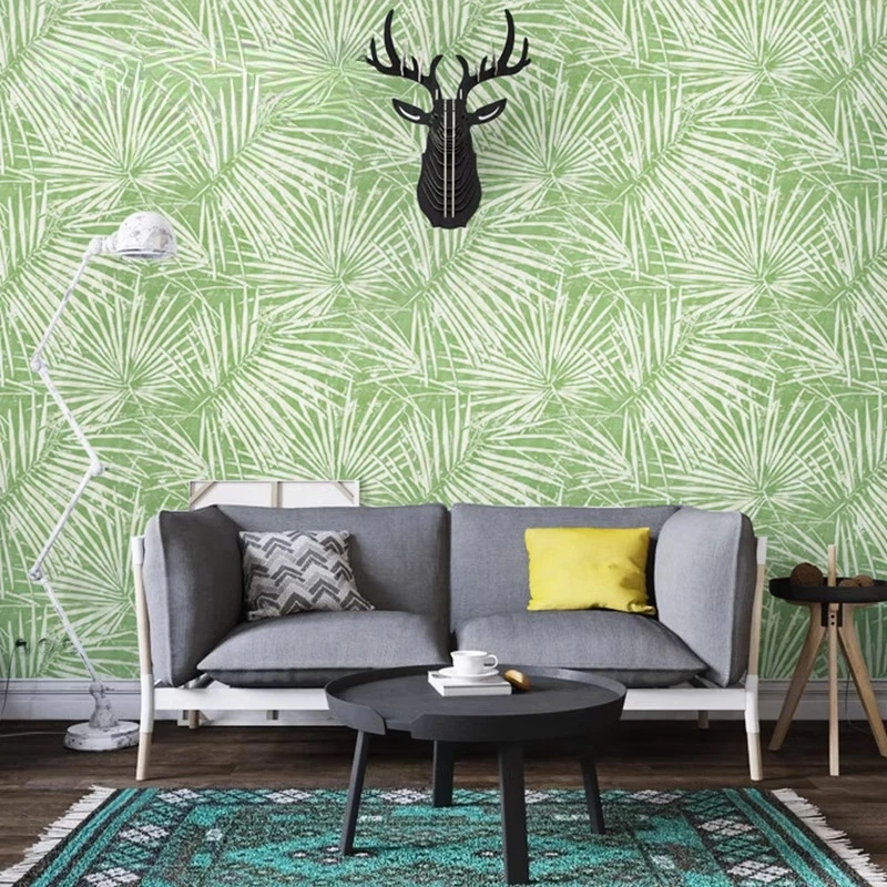 Custom Nordic Wallpaper with Palm Leaves Grain, 53cm x 10m, Non-adhesive Vinyl Wall Covering for Living Room,Bedroom,Green Grey