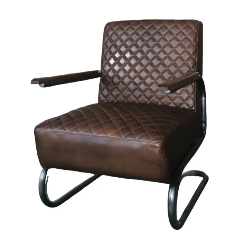 Industrial style retro oil wax leather sofa chair iron shelf solid wood armrest first layer cowhide leather seat single sofa