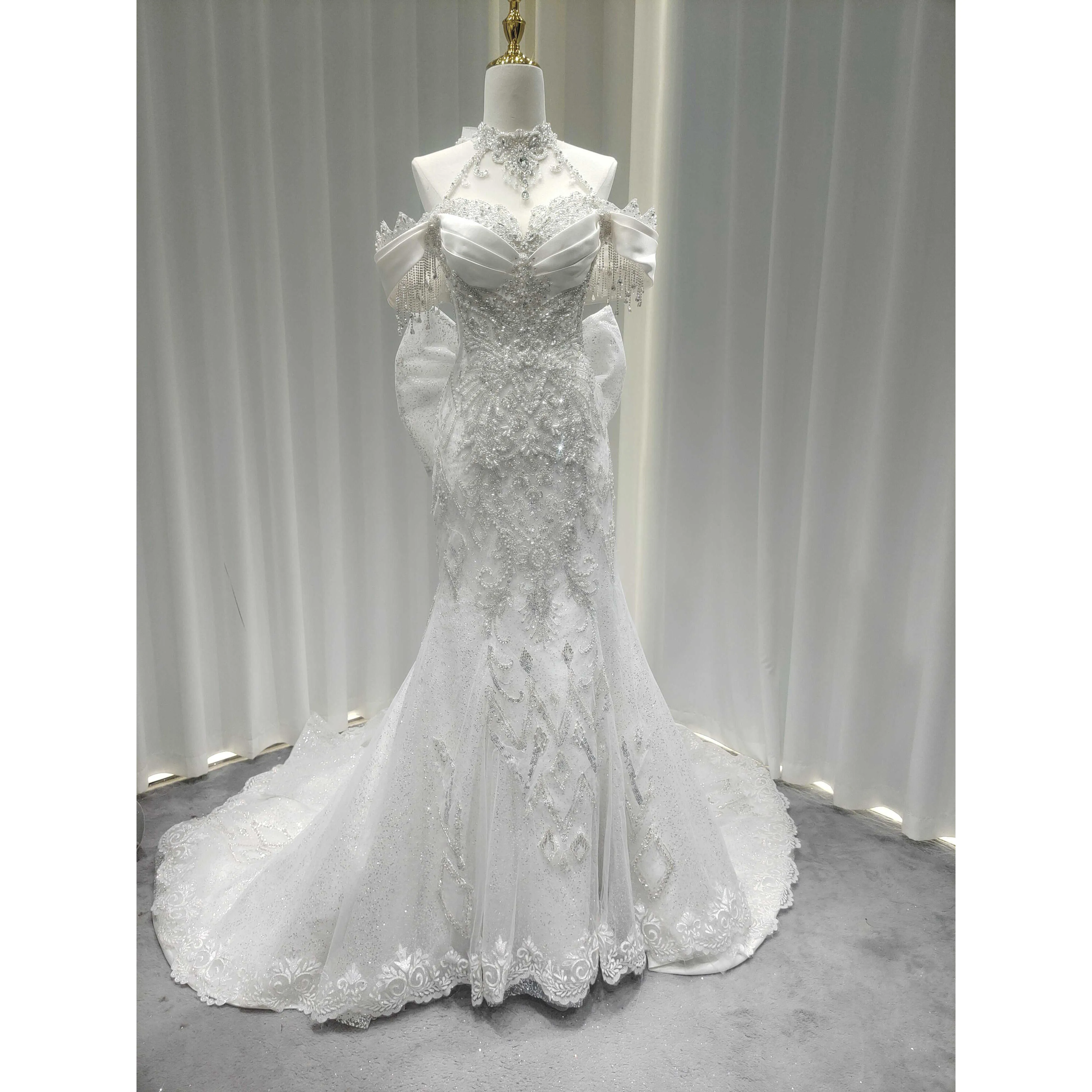 Glam Rhinestone Beaded Mermaid Bridal Gown Off Shoulder Tassel Strap Crystal Halter Sparkle Giant Bow Back Long Wedding Train