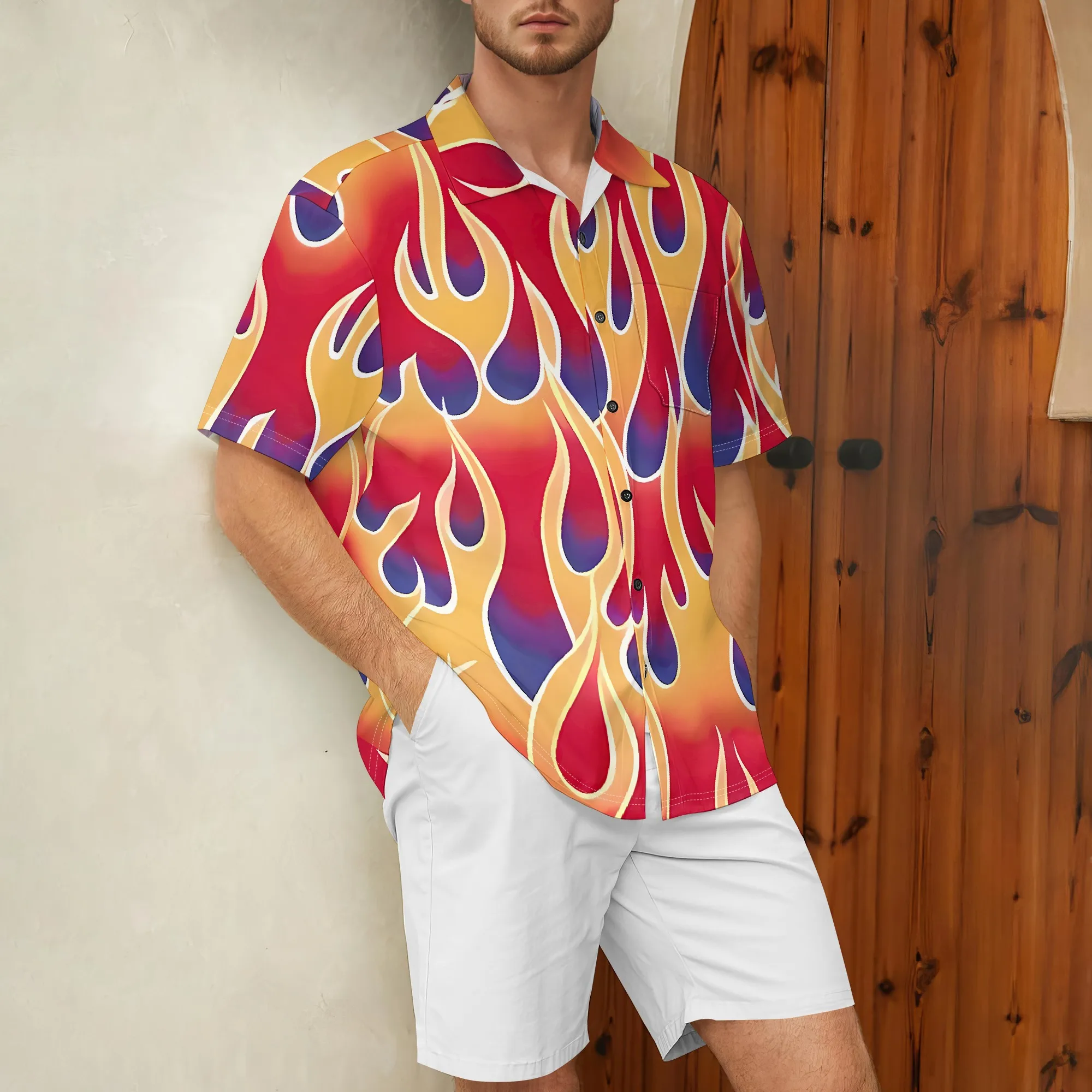 

YEAE Flame Print Shirt for Men Summer Casual Short Sleeve Top