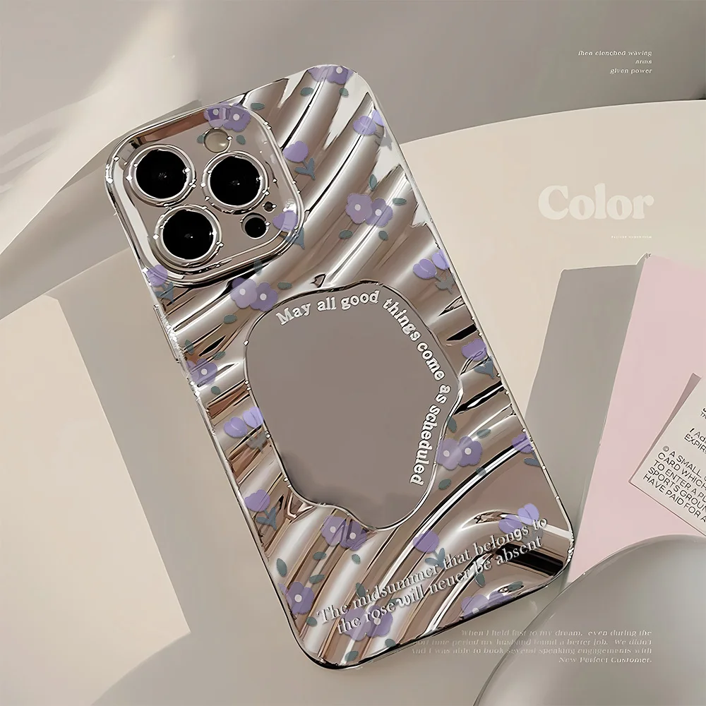 Чехол для телефона Flower Silver Mirror Wave Edge для iPhone 17 Pro, чехол для iPhone 13 14 12 11 15 16 Pro Max, мягкий глянцевый чехол со шнурком