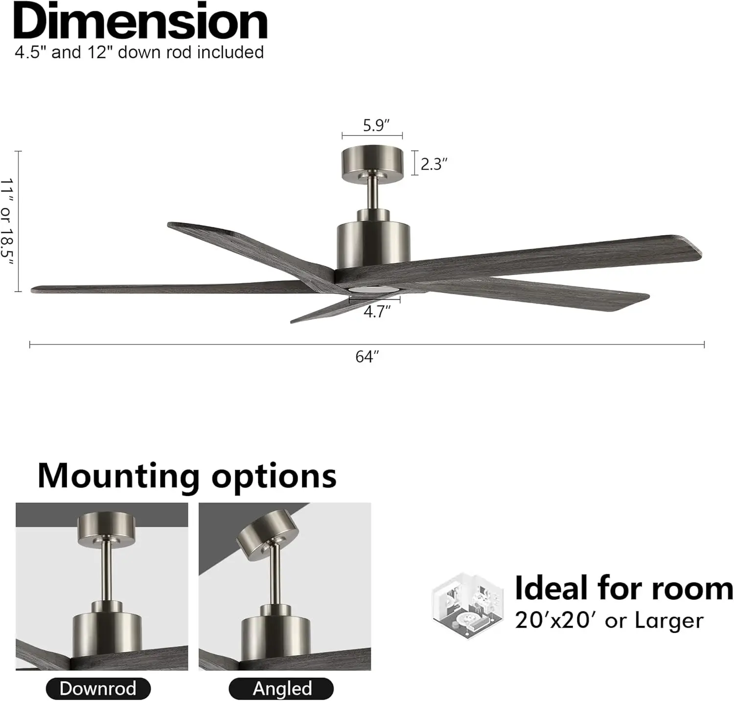 64   Ceiling Fan without Lights, 5 Reversible Carved Solid Wood Blades, 6-Speed Noiseless DC Motor, Ceiling Fan No
