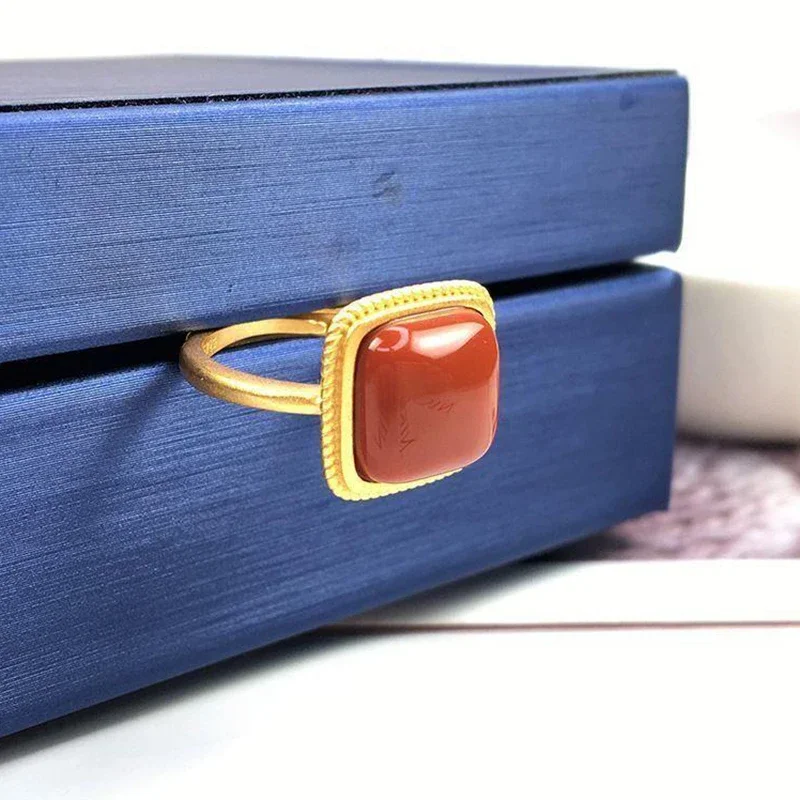 Classic South Red Tourmaline Square Opening Adjustable Ring Chinese Classical Unique Ancient Gold Craft Women's Jewelry image 5