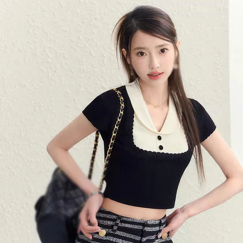 Women's Crop Top Summer Doll Collar Contrast Color Short-Sleeved T-Shirt