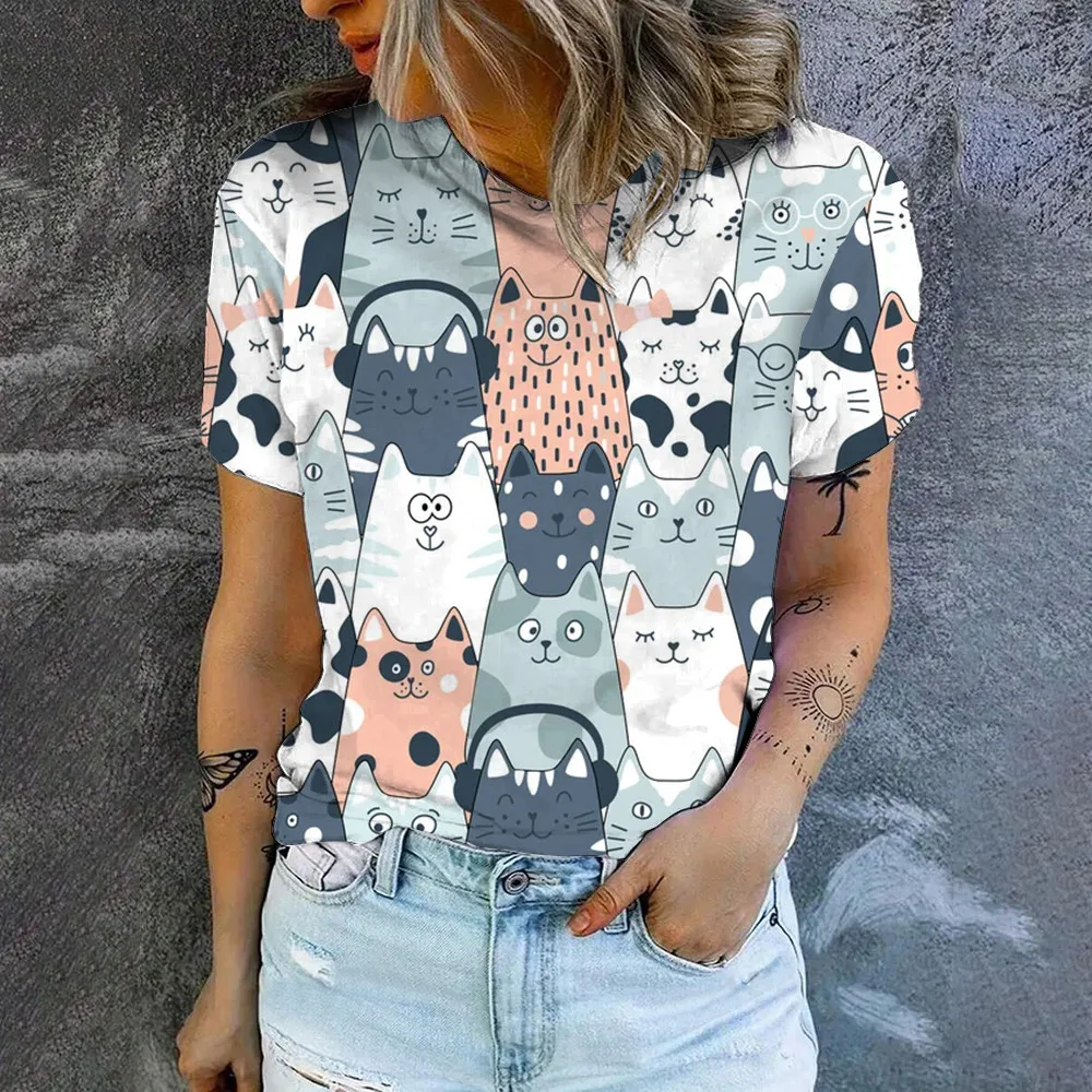 Fashion Summer Women's T-shirt Short Sleeve Top Cute Cat Cartoon Print Comfort Round Neck Woman Clothing Short Sleeve T-shirt