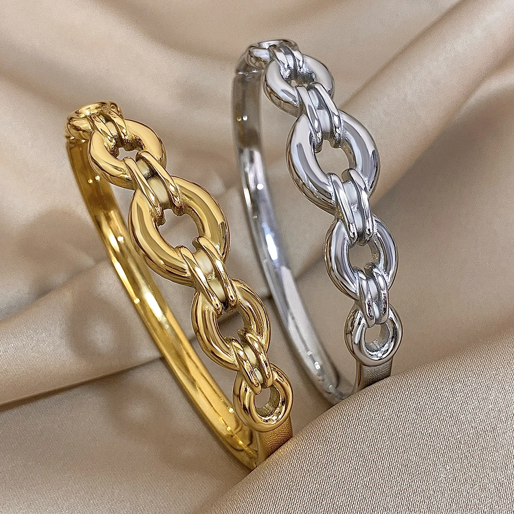 316L Stainless Steel Gold Plated Cuff Bangle Bracelets for Women Hollow Circle Link Geometric Waterproof Wristband Jewelry