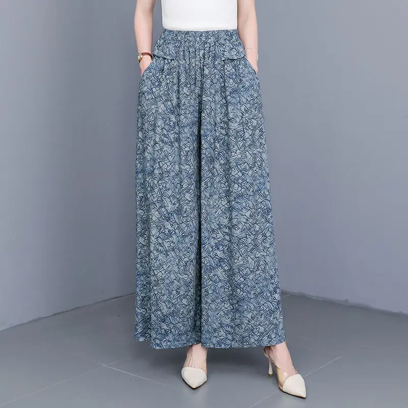 Summer New Floral Printed Wide-leg Pants Thin Versatile Cotton Silk Pants Middle-aged Elderly Mother Loose Ankle-Length Trousers