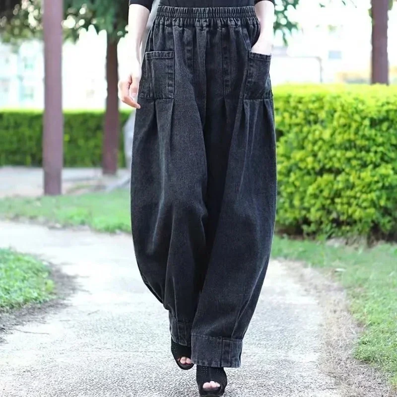 

Elastic Waist Wide Leg Pants Women Jeans New Arrival Fashion Vintage Casual Cross Pants Large Size Fall Winter Female V839