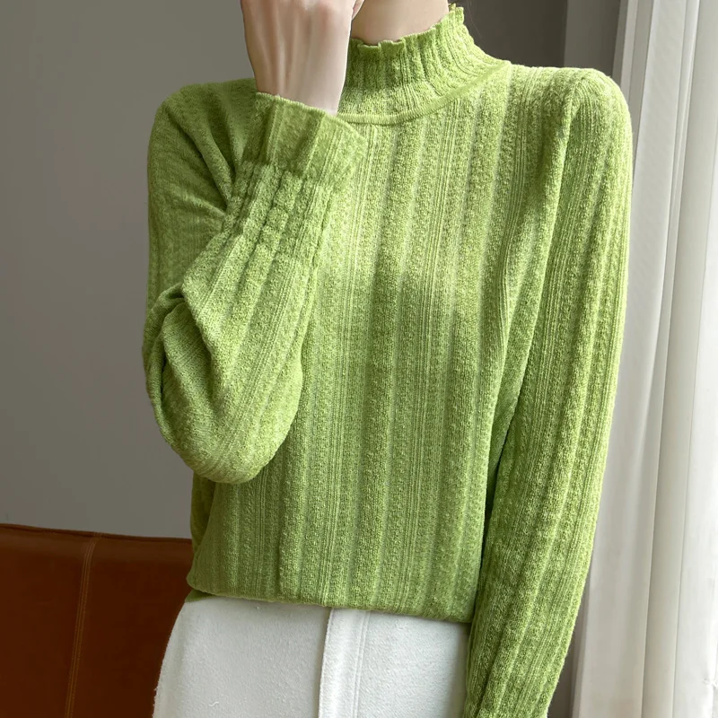 Autumn and winter new 100% pure wool women's semi-high-necked wood ear hollow long-sleeved knitted loose bottoming shirt sweater