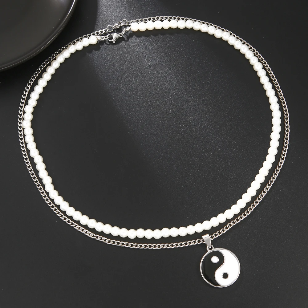 2023 Cool Tai Chi Yin Yang Pendant Charm Pearl Choker Fashion Vintage Multi-layer Necklace For Men Jewelry Accessories