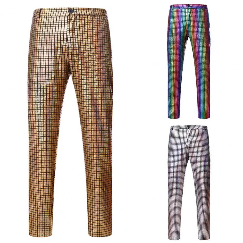 Pantalones con purpurina y lentejuelas a cuadros de arcoíris para hombre, pantalones de cantante y bailarina para fiesta Disco de los años 70, pantalones para fiesta de DJ y discoteca, pantalones para traje