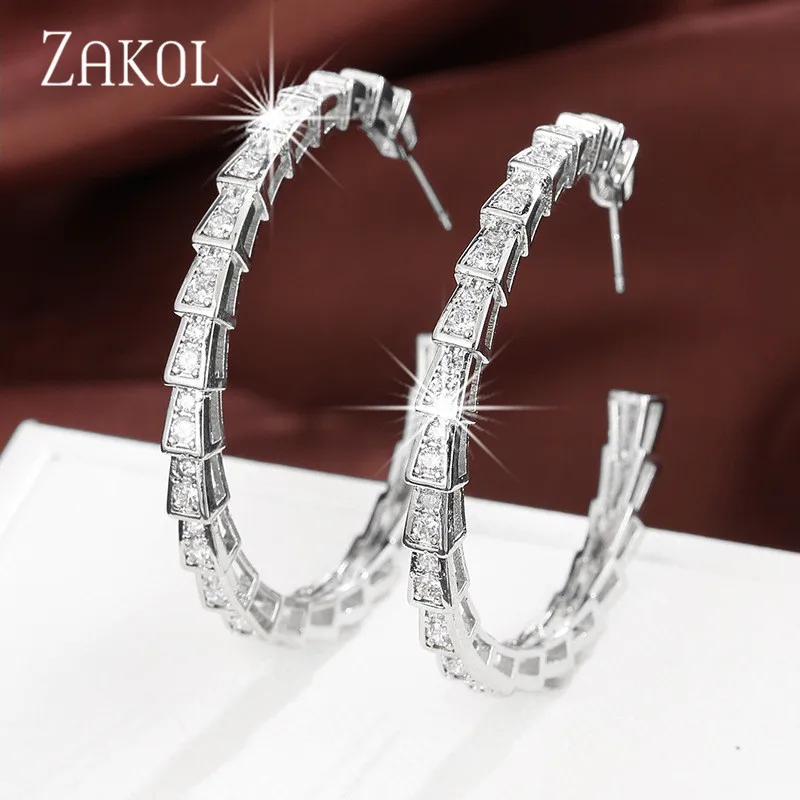 ZAKOL New Design Shiny Zircon Snake Bone C Shaped Earrings For Women Exquisite Gold Color Hoop Earring Fashion Party Jewelry