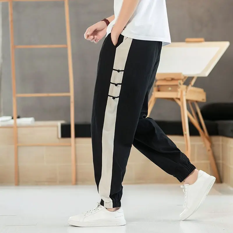 Koreon Summer New Vintage Cotton Linen Sweatpants Streetwear Fashion Men Elastic Waist Pockets Slim Big Size Casual Trousers