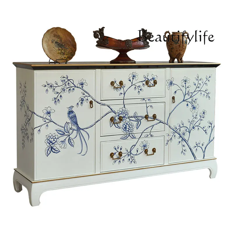 

White living room painted dining side cabinet villa model room solid wood oak decorative display art entrance cabinet