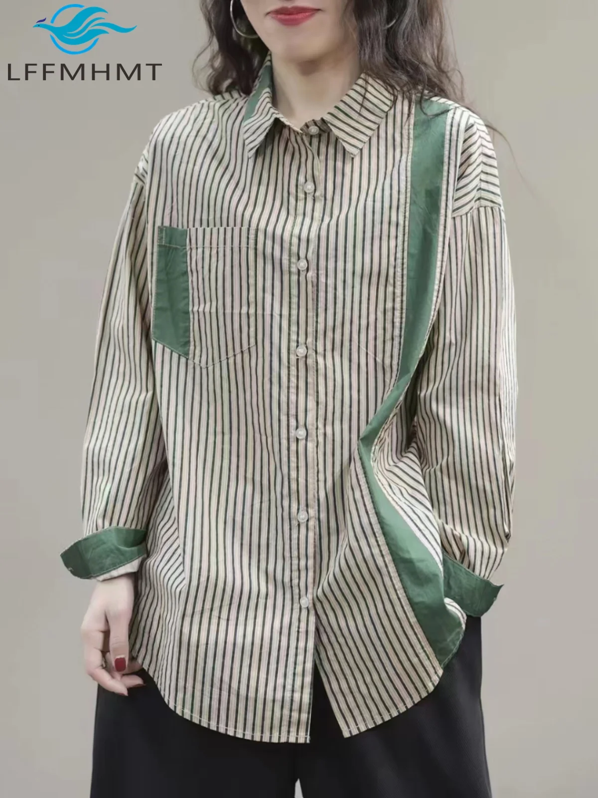 

Women's Sprint Fall Fashion Striped Shirt Contrast Color Patchwork Japan Style Office Lady Classical Elegant Long Sleeve Blouses