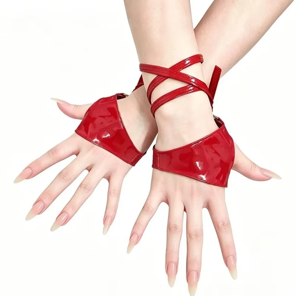 Patent Leather Patent Leather Gloves Wrist Tie-Up Fingerless Design Fingerless Gloves Open Finger Punk Style Open Finger Gloves