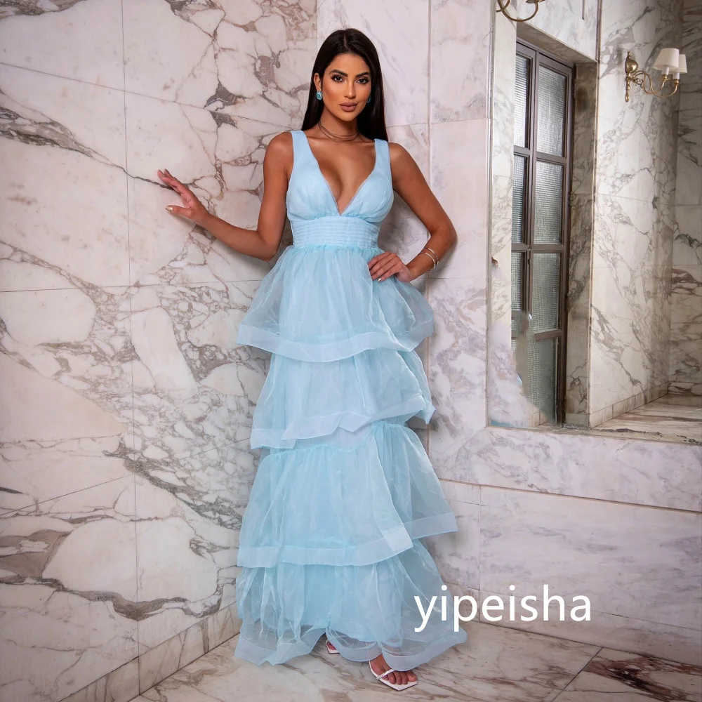 Customized Sparkle Organza Pleat Tiered A-line V-neck Midi Dresses Prom Dresses Classic Exquisite Modern Style Pastrol Unisex Ch