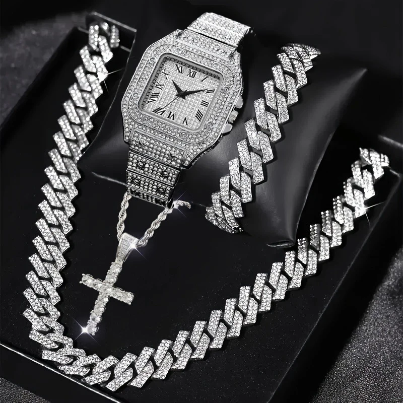 4PCS Fashion Iced Out Square Men Watch Cuban Chain Bracelet Necklaces Set Luxury Diamond Quartz Wristwatch Jewelry（Without Box）