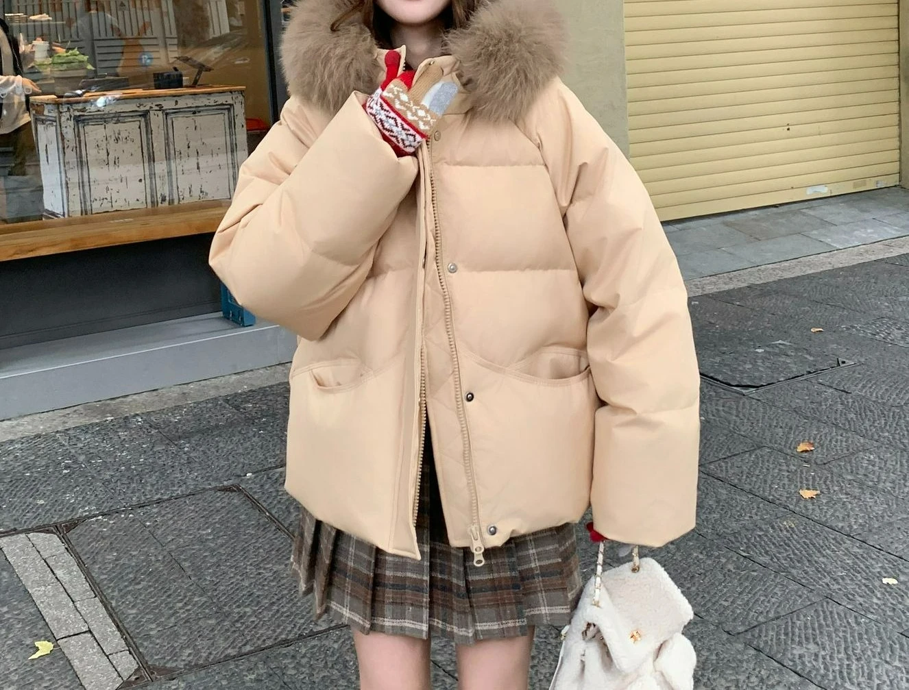 Sweet Solid Color Big Fur Collar Hooded Down Cotton-padded Clothes for Women's New Sweet Warm Clip-on Jacket Thickened Coat