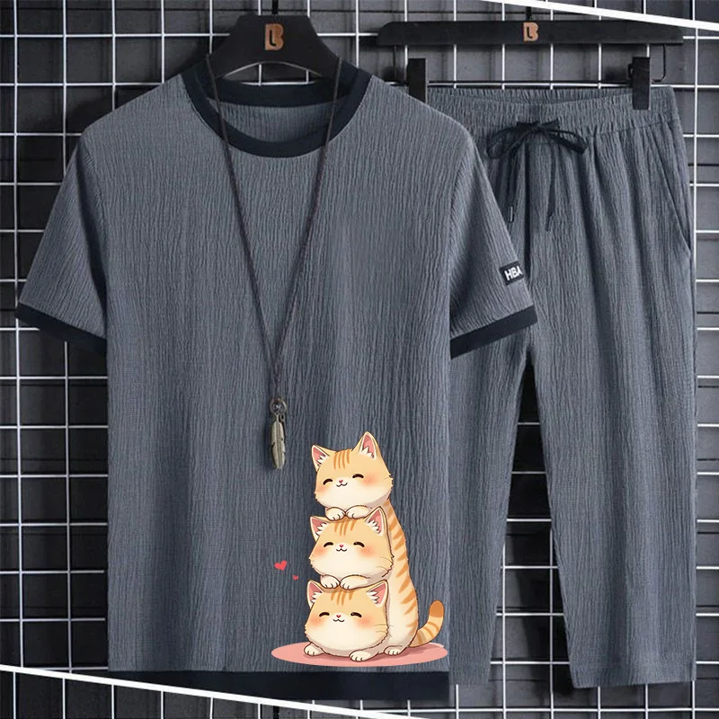 

Мужской летний спортивный костюм для баскетбола: повседневная свободная футболка и длинные брюки, комплект из двух предметов, полиэстер, короткий рукав