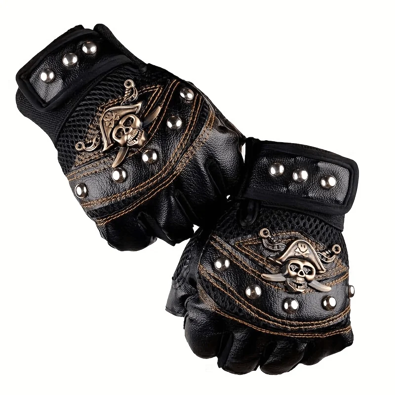 Pirate Style Half Finger Gloves, Faux Leather Rivet Fingerless Gloves with Skull Ornament, Halloween Cosplay Costume Gloves