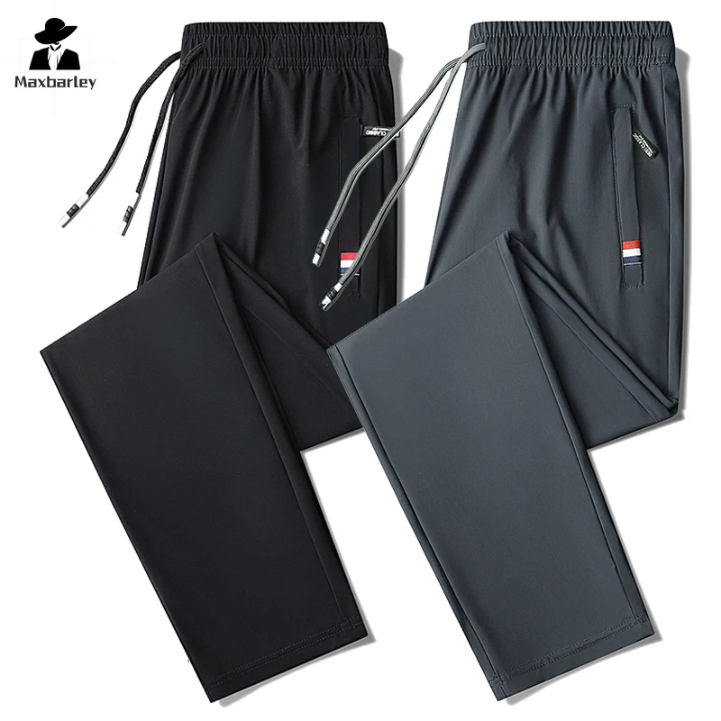 Pantalones de seda para hombre, pantalones elásticos de pierna recta de secado rápido, informales, transpirables, para correr al aire libre, moda de negocios de verano