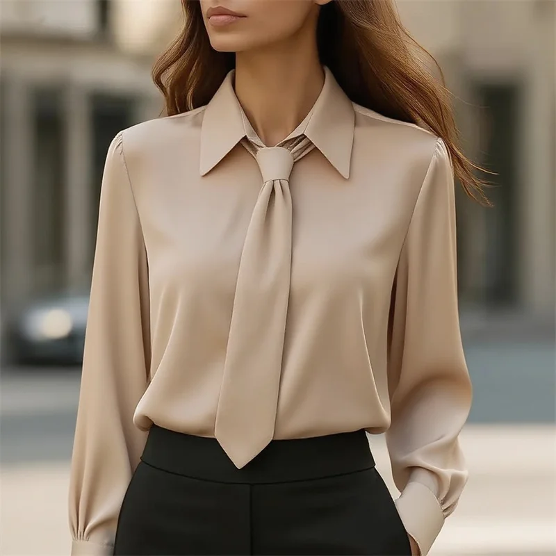 Women Elegant Fashion Lace up Solid Color Blouse Spring Autumn Casual Long Sleeve Lapel Shirt Office Lady French Shirt Tops 2025