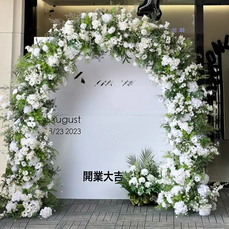 صف زهرة فاخرة مع الإطار ، ديكور قوس الزفاف ، ترتيب الزهور ، ديكور الدعامة الحدث ، الوردي الأبيض ، ورقة النباتات الخضراء ، قوس #3