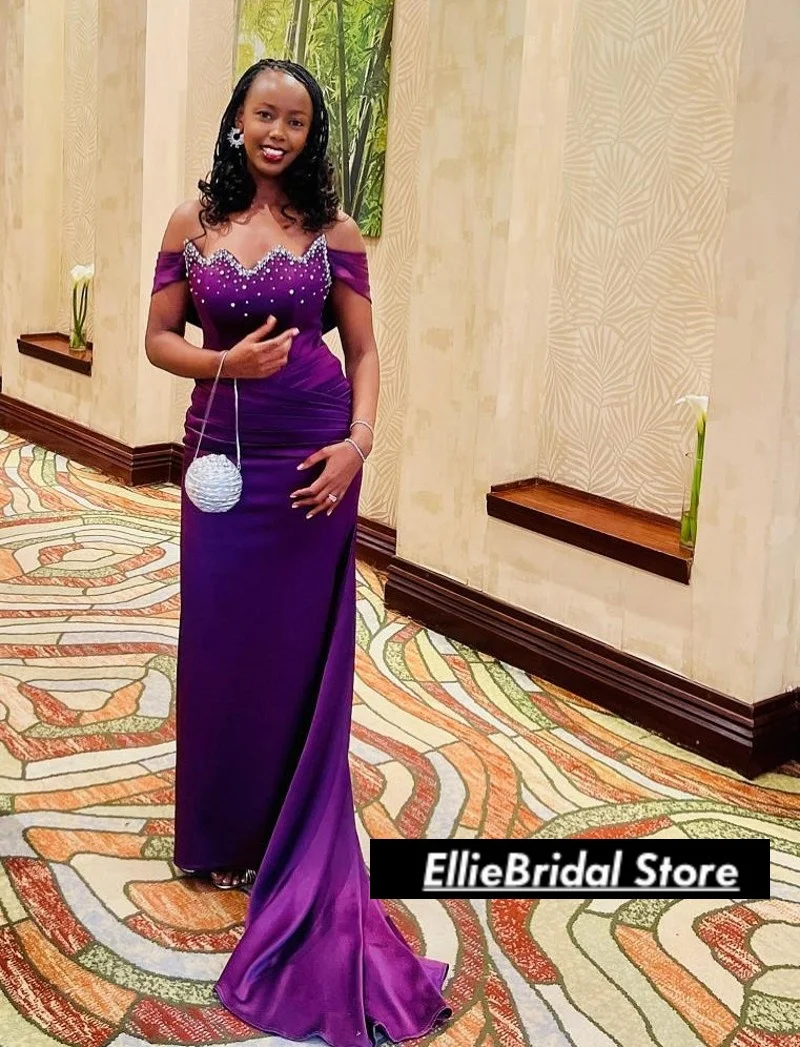 Elegant Dark Purple Evening Dresses Nigerian Long Off The Shoulder Mermaid Prom Gowns Females 2025 Vestido De Festa Customized