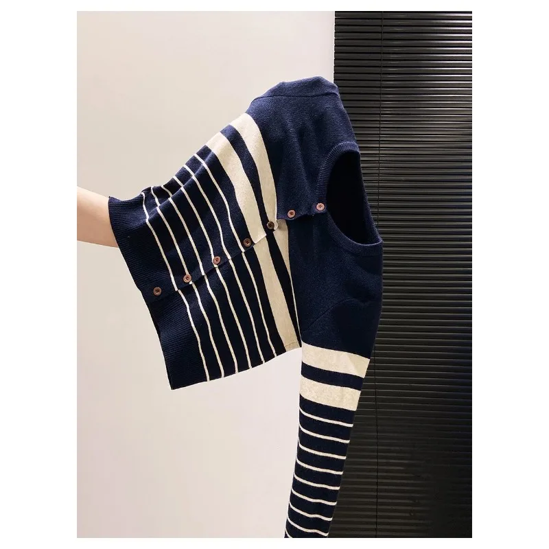 الكورية المتناقضة اللون جولة الرقبة سترة مخططة سترة جديدة فضفاضة عارضة سترة تنوعا أعلى للنساء #4