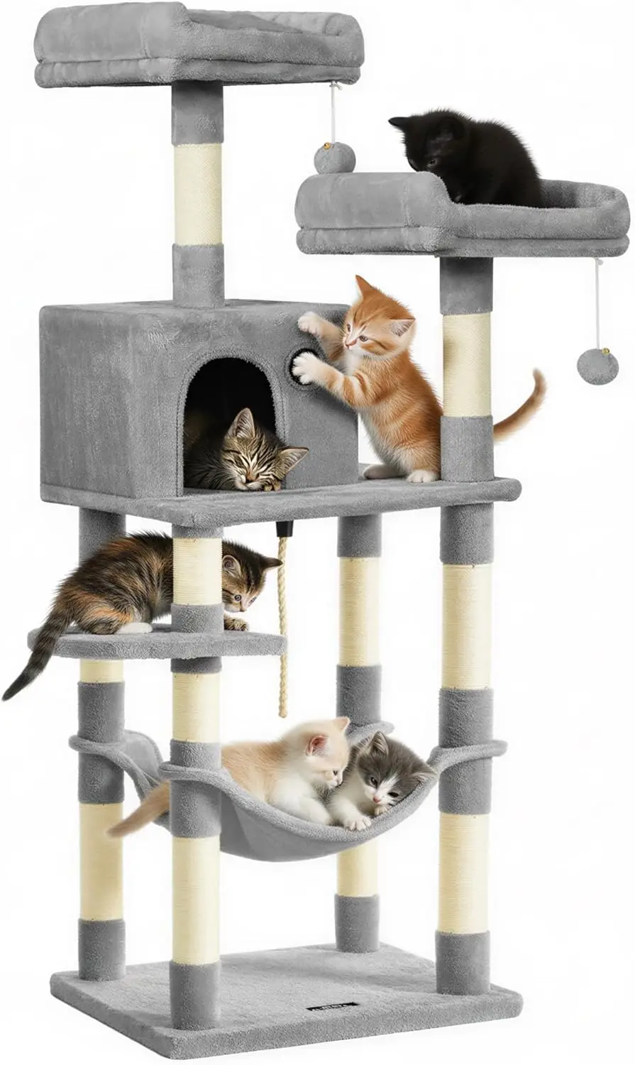 

Cat Tree, 56.3-Inch Cat Tower, Multi-Level Plush Condo with 11 Scratching Posts, 2 Perches, Hammock, Cave, Light Gray UP