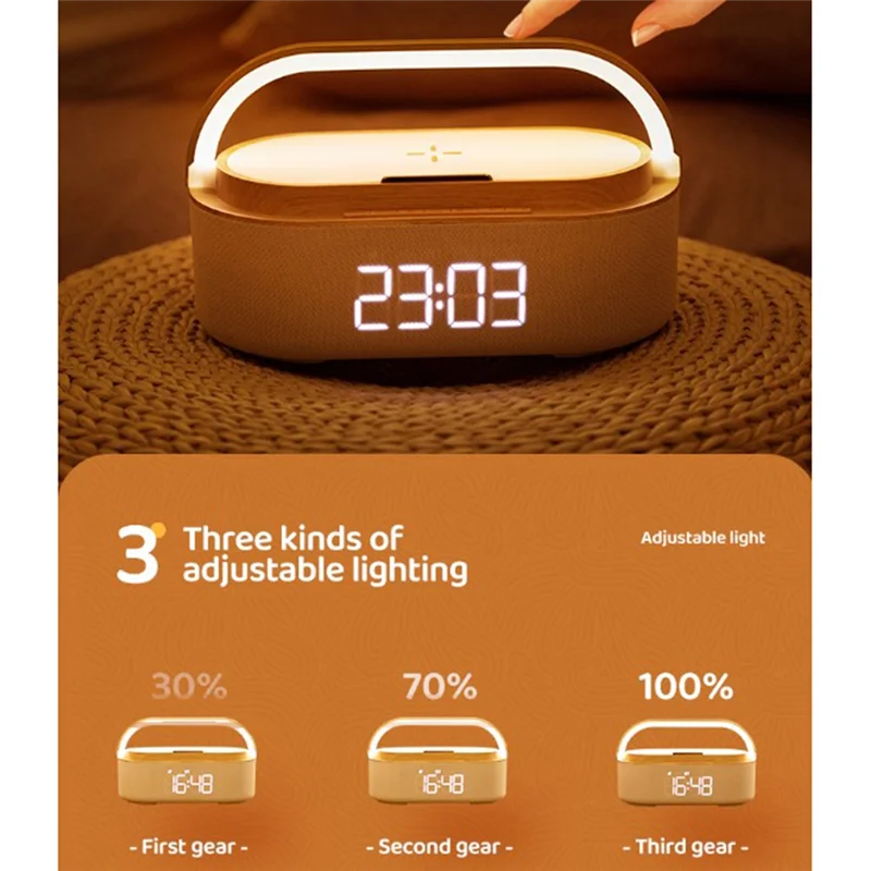 ワイヤレス充電器付きデジタル目覚まし時計,Bluetoothスピーカー,ラジオ,常夜灯,デュアルスピーカー,家庭用ベッドサイド,1800mAh